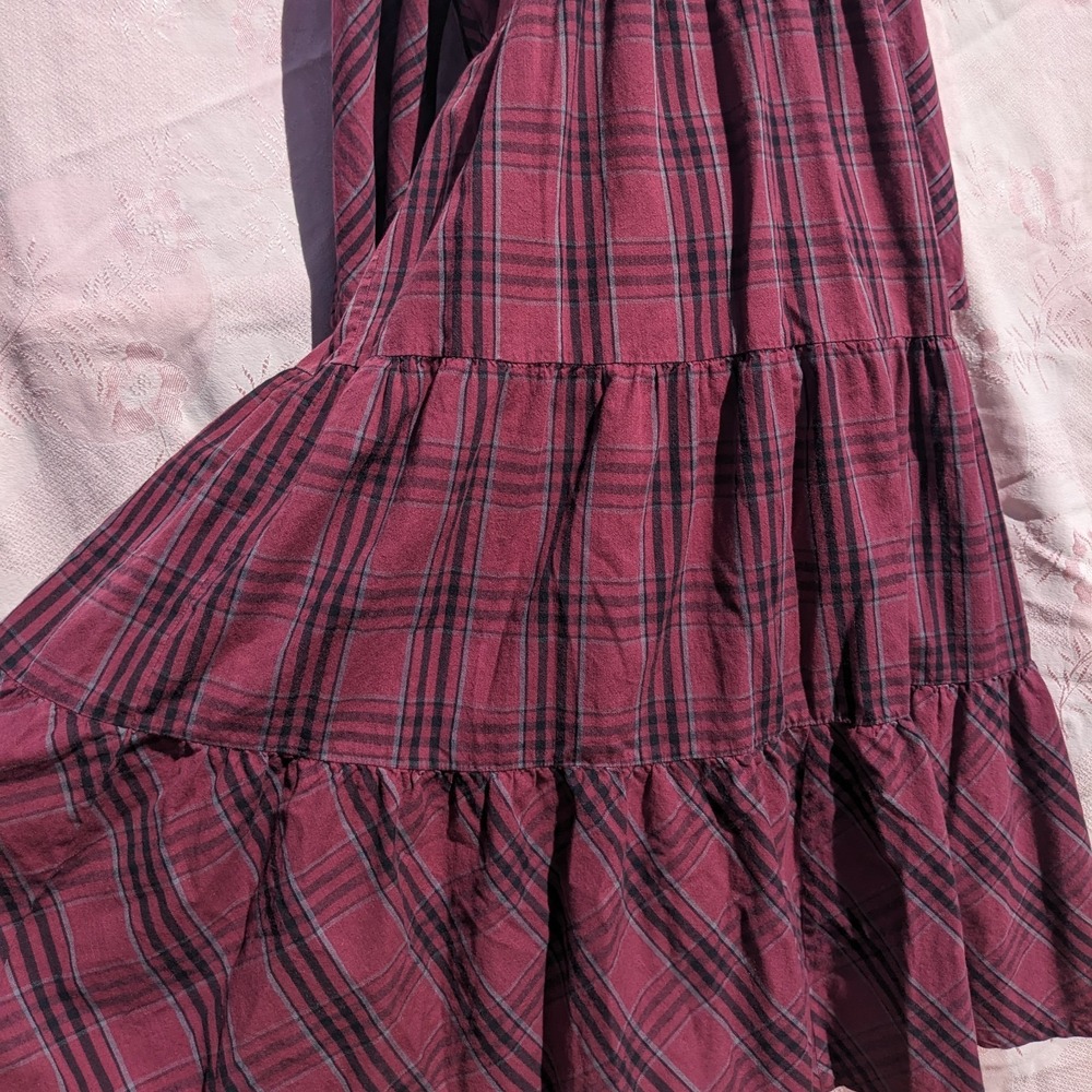 Vermont Country Store Dress M Plaid Tiered Cotton Midi Cottagecore Modest V Neck - Picture 6 of 16